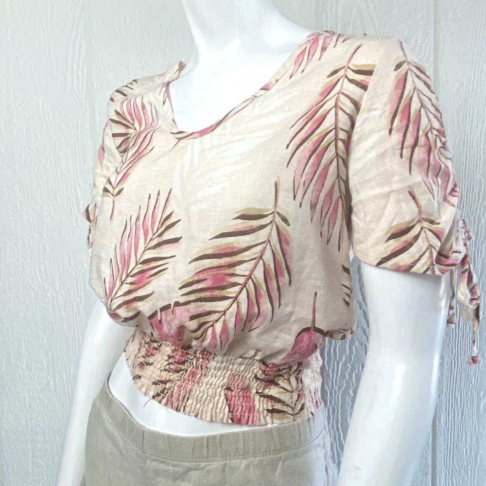 Tropical Print Women Crop Top Small Tie Sleeves Smocked Waist Barbie Vaca Resort - Picture 4 of 10